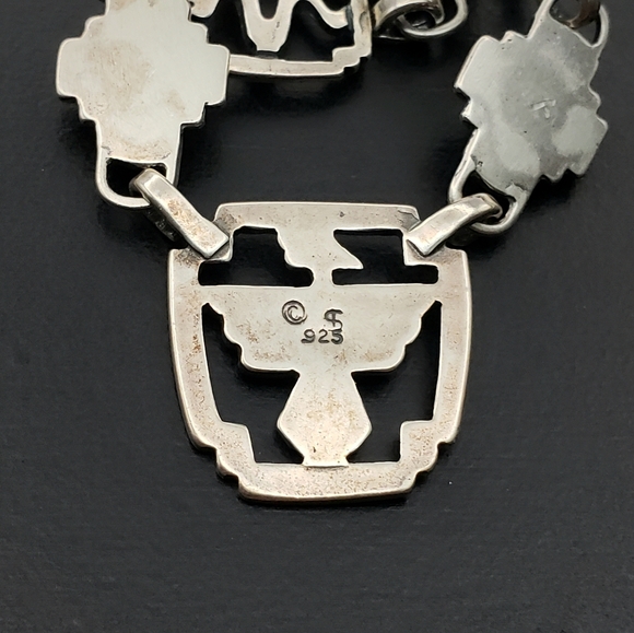 Sterling Silver 925 Native American Shube Thunderbird Turquoise Link Necklace - Picture 3 of 11